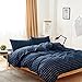 Wake In Cloud - Grid Cotton Duvet Cover Set, Plaid Checkered Geometric Farmhouse, 100% Washed Cotton Textured Percale Bedding Set, 3 Pieces, Navy Blue, Queen Size