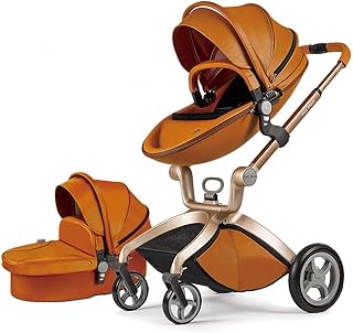 Hot Mom Hohe Landschaft Kombikinderwagen mit Buggyaufsatz und Babywanne 3 in 1 Funktion, PU-Leder Reversibele Aufsätze PU-Räder Federung 2020 neues Design, Babyschale extra Kaufbar, Braun Schwarz