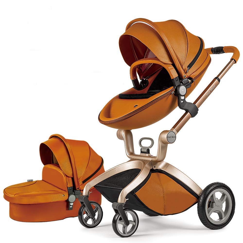 Hot Mom Hohe Landschaft Kombikinderwagen mit Buggyaufsatz und Babywanne 3 in 1 Funktion, PU-Leder Reversibele Aufsätze PU-Räder Federung 2020 neues Design, Babyschale extra Kaufbar, Braun Schwarz