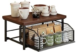 Kitchen Countertop Organizer with Drawer and Wire Basket, 2-Tier Sturdy Hardwood Shelf Storage Organizer, Coffee Maker—Slidin