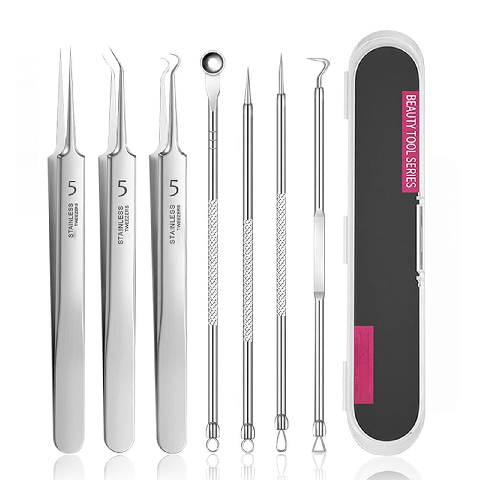 7Pcs Tweezers, Blackhead Remover, Professional Stainless Steel Facial Blackhead Remover Tweezers