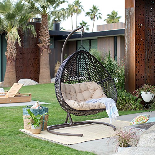 Resin Wicker Hanging Egg Loveseat Swing Chair, Indoor Outdoor Patio