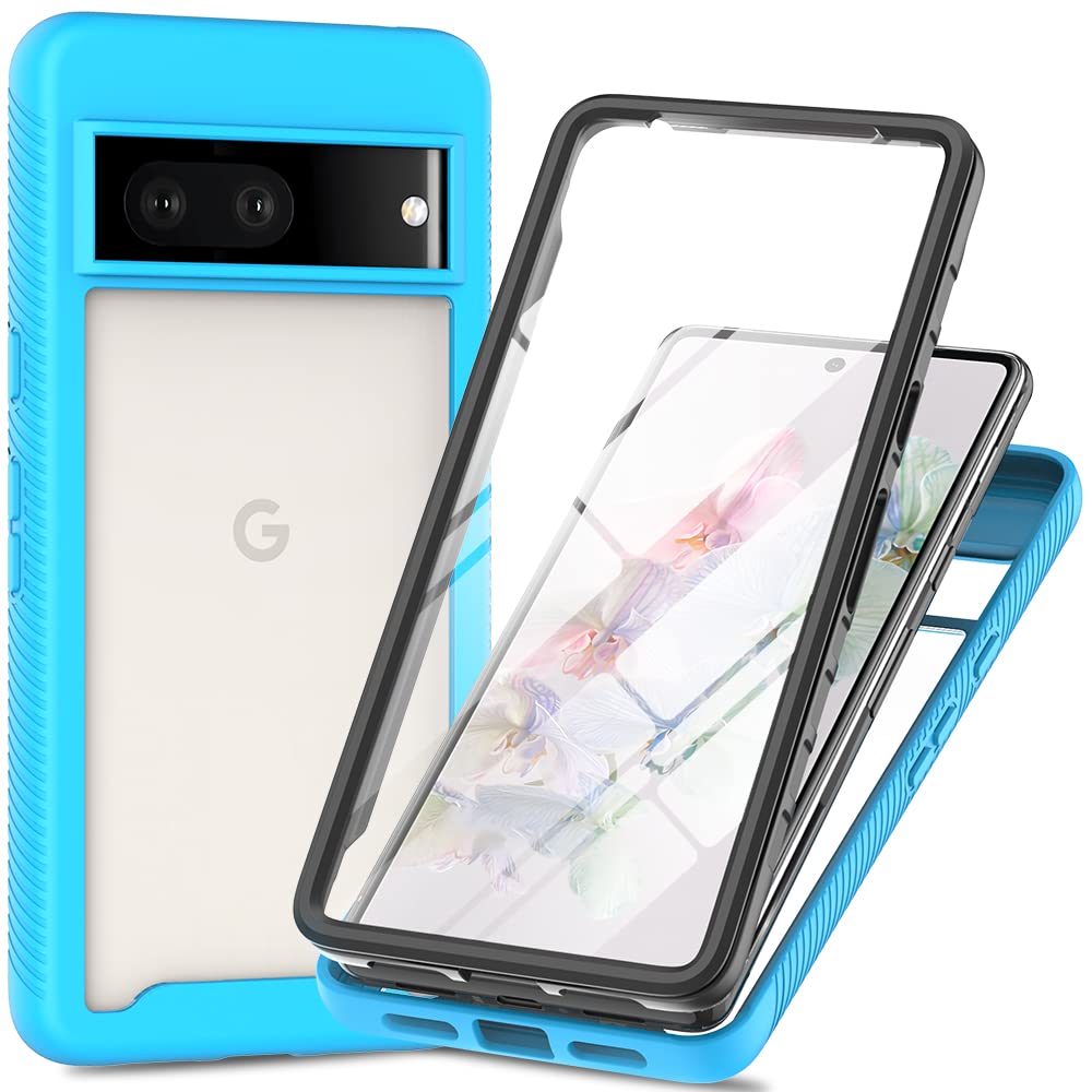 Sawiqpd Google Pixel 7A 5G Case with Built-in Screen Protector, 360 Full Body Protective Cover Heavy Duty Anti-Scratch Shockproof Slim Silicone Bumper Clear Phone Case for Google Pixel 7A, Light Blue