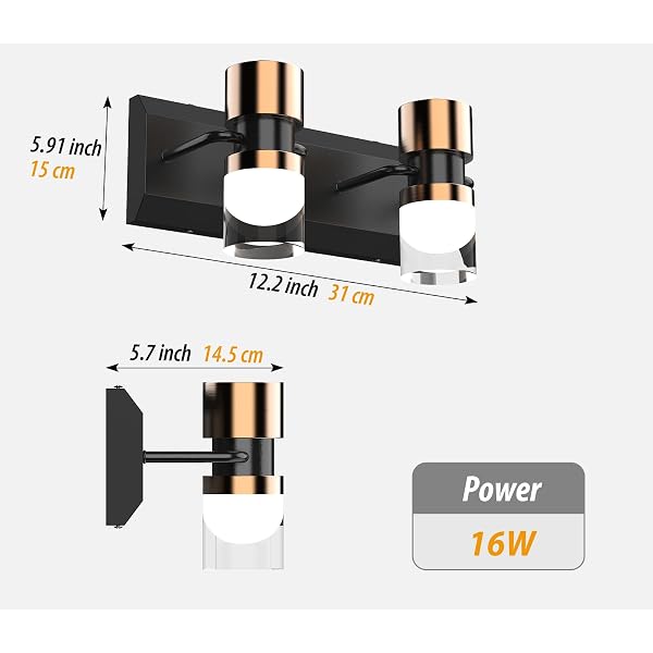 PHIXART LED BATHROOM VANITY LIGHT FIXTURES, 2 LIGHT BLACK AND GOLD WALL SCONCES LIGHTING, MODERN BATHROOM LIGHT FIXTURES, LED WALL LAMP FOR MIRROR LIVING ROOM BEDROOM DRESSING TABLE BAR