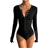 SweatyRocks Women's Button Down Long Sleeve Ribbed Bodysuit Shirt Top Henley Shirts Leotard