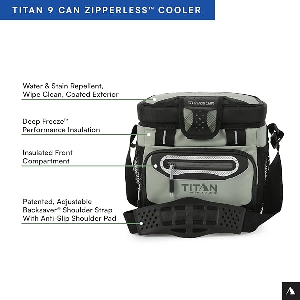 TITAN BY ARCTIC ZONE ZIPPERLESS SOFT SIDED COOLER WITH HARDBODY LINER AND SMARTSHELF, INSULATED BAG WITH SHOULDER STRAP FOR LUNCH AND TRAVEL, 9 CAN CAPACITY, SEAGRASS