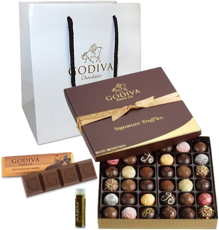 Godiva Chocolatier Signature Truffles, 36 Pieces with a Godiva Milk Chocolate Caramel Bar, Godiva Gift Bag, and Jarosa Bee Organic Chocolate Bliss Lip Balm