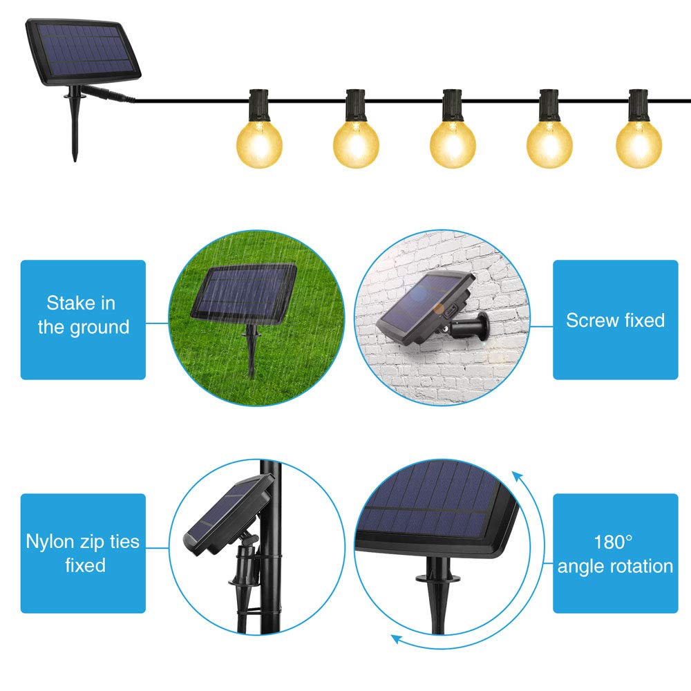 Onumii Solar Outdoor String LED Lights 7.5M 4400mAh, 2200K Amber Light, 25 Sockets 27 G40 LED Bulbs, Romantic Outdoor Decorative String Lights For Yard, Patio, Deck, Pergola, Umbrella Lights