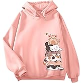Tuislay Cute Cat Graphic Hoodies for Teen Girls Kawaii Cartoon Printed Hoodie Women Anime Print Hooded Sweatshirt Pullover