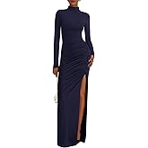 BTFBM Formal Dresses for Women 2026 Spring Long Sleeve Mock Neck Ruched Bodycon Slit Maxi Wedding Guest Dress Cocktail
