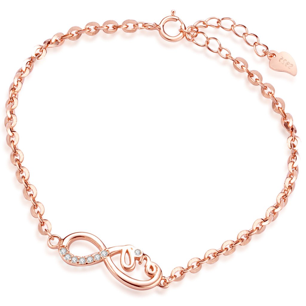 Yumilok 925 Sterling Silver Zirconia Rose Gold Plated Women Charm Bracelet Infinity Symbol "Love" Forever Link Bracelet Hand Chain