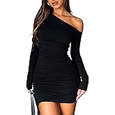 Women Off The Shoulder Long Sleeve Dress Ruched Bodycon Mini Dress Cocktail Going Out Dresses