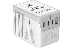 FATYER Universal Travel Adapter, 120w GaN International Plug Adapter with 100W C to C Cable, 4 PD USB-C+1 USB-A Travel Power Adapter, EU/UK/AU/US Worldwide Power Outlet for Laptops, Tablets, Phones