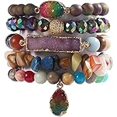 Yomisa 5PCS 6PCS Natural Boho Beaded Bracelets/Bangle for Women Men,Healing Turquoise Jasper Agate Crystal Gemstone Stone Chakra Multilayer Wrap Bohemian Handmade Jewelry Beads Stretch Bracelet Set