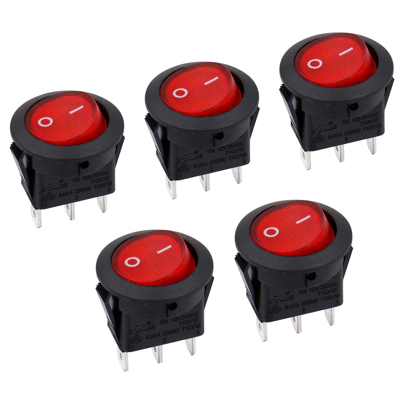 Heschen Red Round Rocker Switch Round ON-OFF SPST 3 Terminals 10A 250VAC UL VDE 5Pack