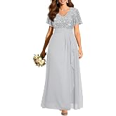 Womens Plus Size Formal Sequin Evening Gowns Wedding Guest Dress | V-neck, cascading ruffle, flowy chiffon, long dress, short sleeve, elegant prom, gala, cocktail party, bridesmaid, holiday