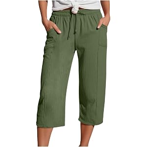 Womens Casual Capris 2026 Crinkle Textured Drawstring Elastic Waist Solid Color Loose Fit Cropped Trousers