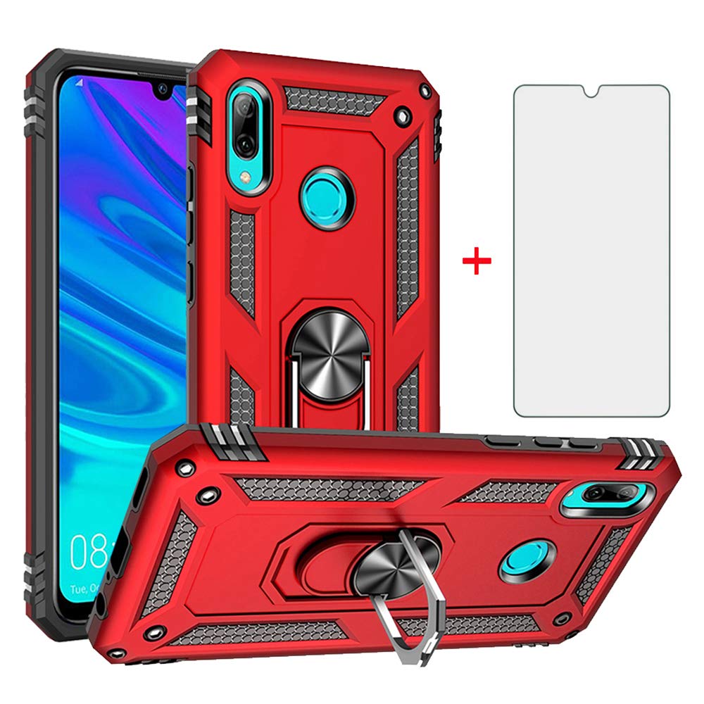 Phone Case for Huawei P Smart 2019/Honor 10 Lite with Tempered Glass Screen Protector Magnetic Accessories Ring Heavy Duty Protective Shockproof Hard Bumper Huwai Hawaii Hwauei Huwai Psmart2019 Red