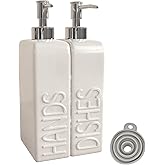 Karisky Soap Dispenser Set with Stainless Steel Pump, 2 Pack Ceramic Refillable Dish Soap and Hand Soap Dispenser for Kitchen, Bathroom, Matte White