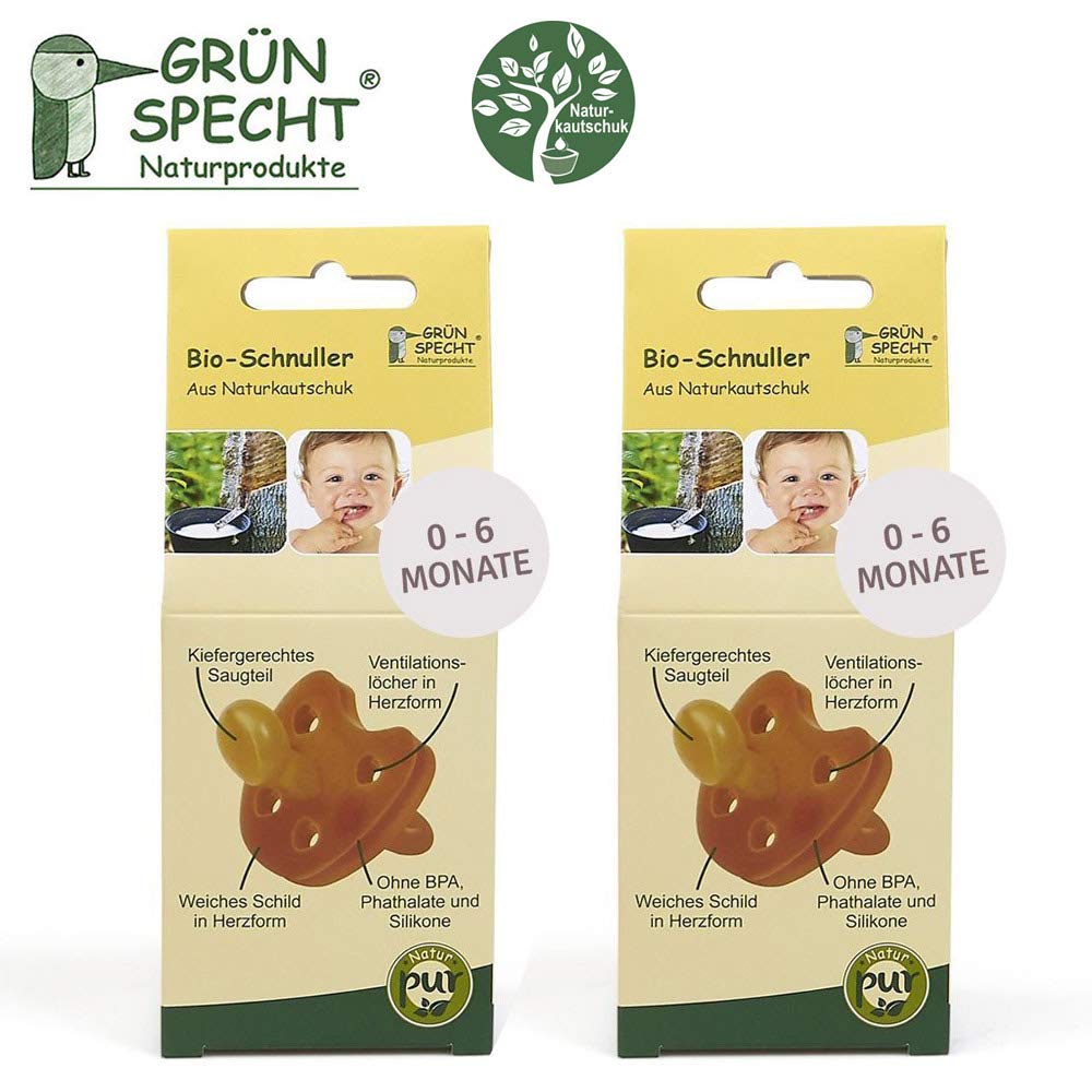 Gruenspecht Bio Dummies Natural Rubber 0-6 Months Set of 2 Soft Heart Shape Orthodontic Shape