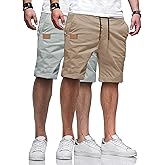 Poplee Men's 2 Pack Casual Twill Chino Shorts Slight Summer Beach Elasticity Cotton Shorts with Elastic Waist Drawstring