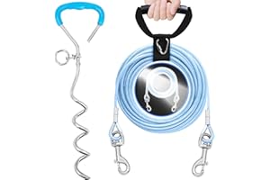 PETDREAM Reflective Dog Tie Out Cable and Stake with Handle, Dog Chain and Anchor 30/15/10 Ft, Dog Leads for Yard Heavy Duty Up to 200 Lbs for Outdoor, Camping, Beaches, Yard（Blue，15ft）