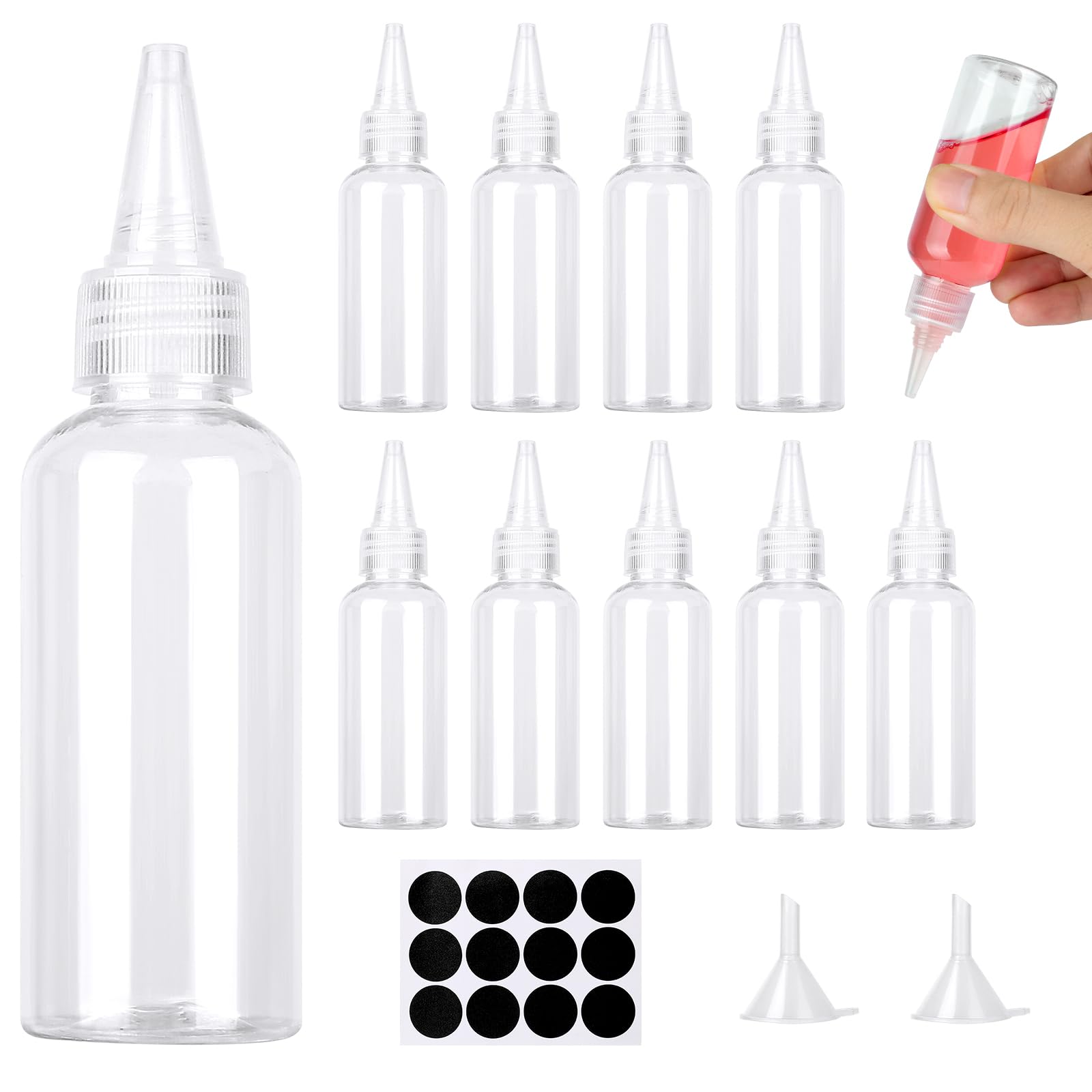 Amentalove 12PCS 60ml Squeezy Bottles with Nozzles, Small Squeeze Bottle, Squeezy Sauce Bottles, Clear Plastic Condiment Bottle with Funnels Labels for Sauce Oil Ketchup DIY Crafts