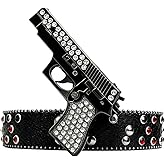 Punk Skull & Gun Buckle Belt Set for Men & Women - Rhinestone Studded Gothic Belts with Triple Rolling Buckles
