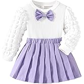 ZFZDRen 3-8Y Toddler Girl Skirt Set Kid 2Pcs Outfits Puff Long Sleeve Top Pleated Skirt with Bowknot Fall Winter Clothes