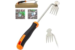 AMPOSEI Weeding Artifact Uprooting Weeding Tool, Multifunctional Weeder, Hand Weeder Tool, 4 Teeth Stand Up Weed Puller Tool with Handle for Garden Yard Farm Weed Removal (13in, Stainless Steel Rubber)