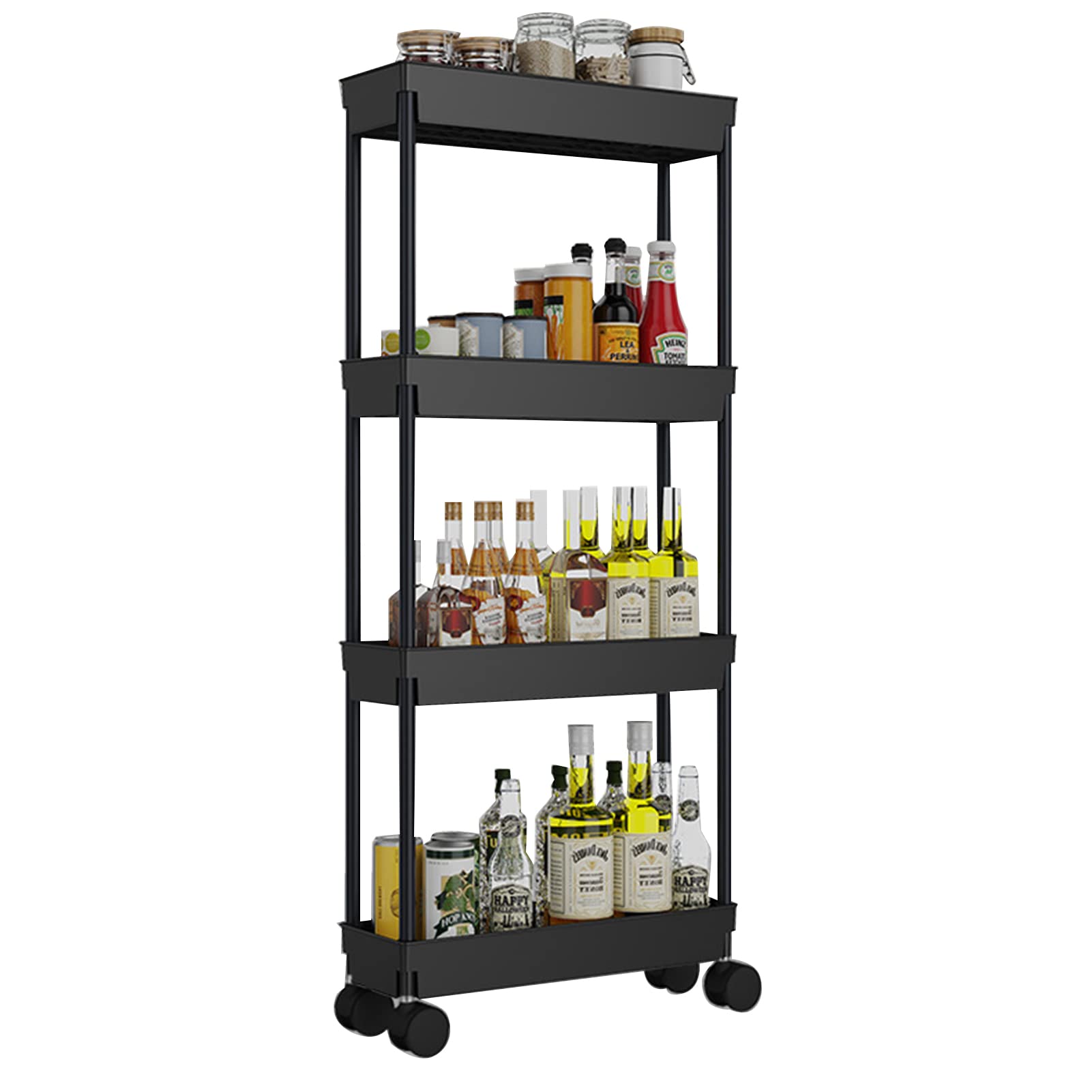 Wensdr 4 Tier Kitchen Bathroom Storage Rolling Cart 39 Inches Tall Slim Utility Rolling Shelf Cart with Wheels Coner Storage Shelves Cart Black