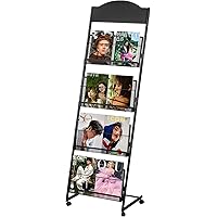 LIWSHWZ Magazine Rack Floor Standing Newspaper Rack, Brochure Display Stand with Wheels, 4 Pocket Display Rack for Office Ret