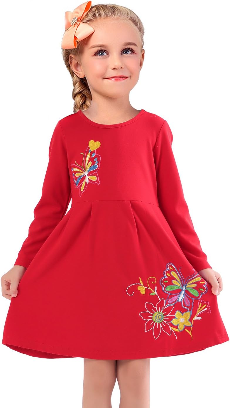 Fly Rain Girls Pure Cotton Butterfly Embroidery Long Sleeve Pleated Dresses Red Size 6