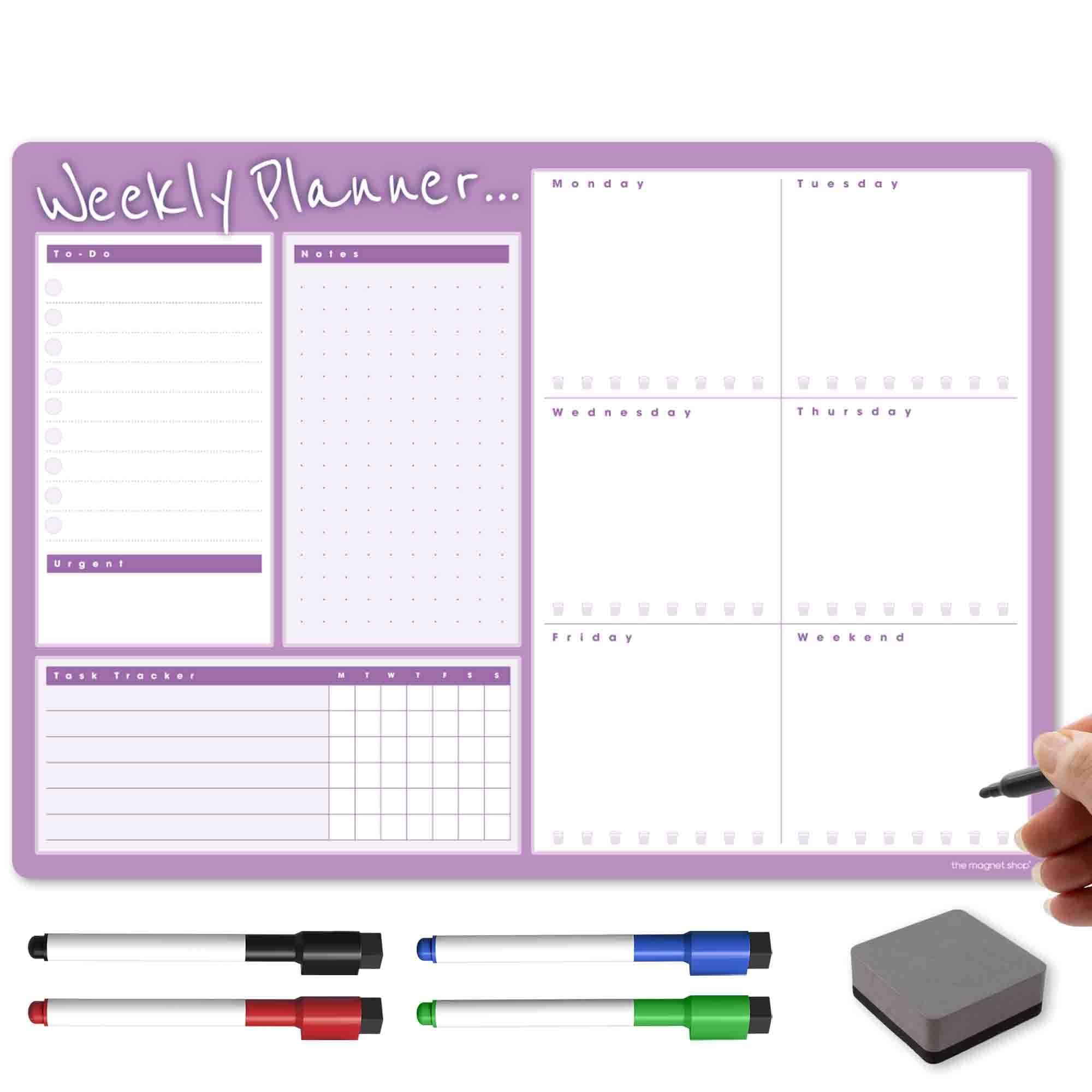 TMS A3 Weekly Planner Whiteboard | Magnetic Calendar for Fridge and Dry Wipe Pens | Meal or Family Planner for Kitchen (Violet, A3-WP3)