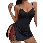 Milumia Women's Floral Lace Trim Side Slit Cami Nightgowns Sexy V Neck Sleep Dresses Sleepwear