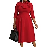 FANDEE Midi Dress for Women Casual 3/4 Sleeve Semi Formal Fit and Flare Dress Classy Tie Neck Work Business Dresses