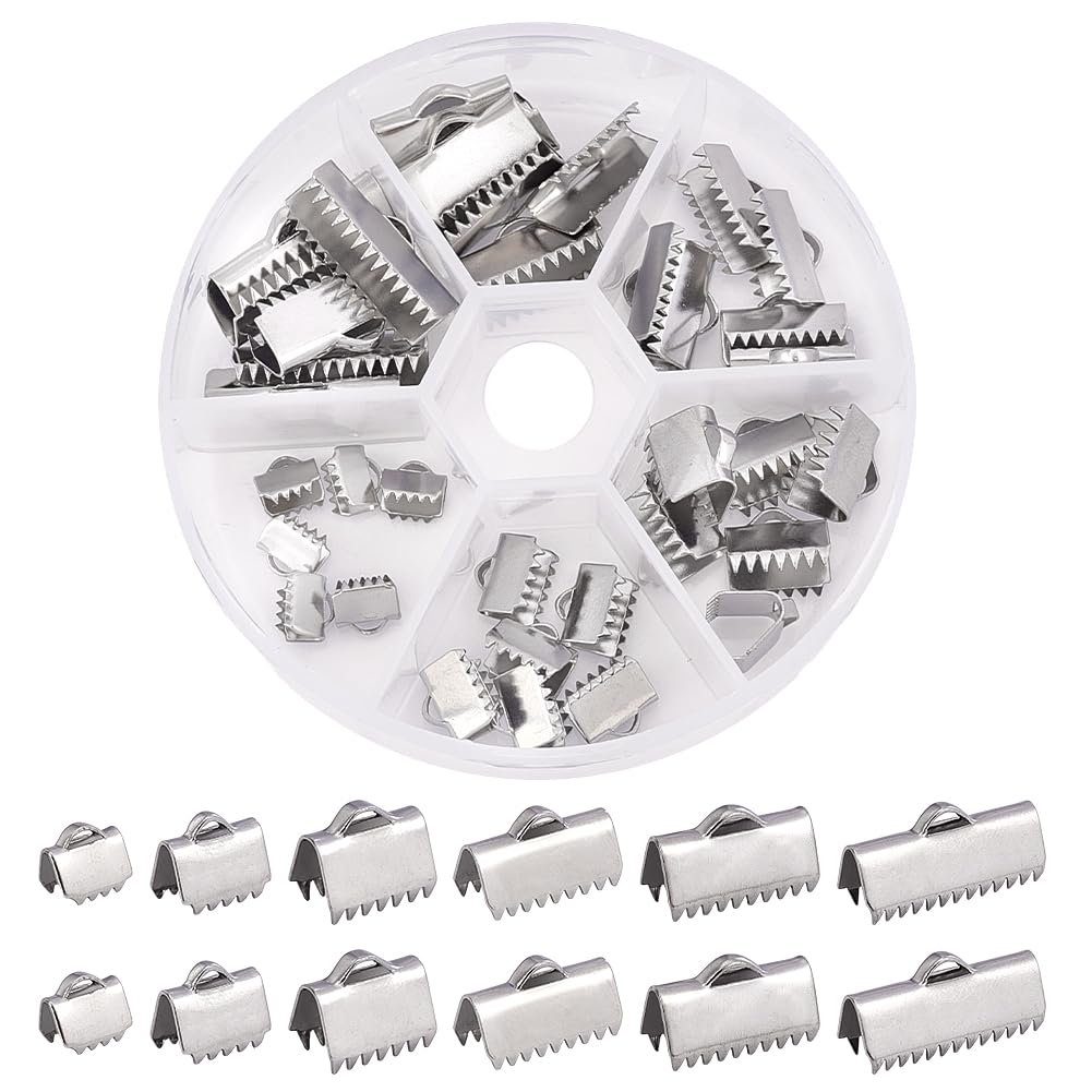 PH PandaHall 36pcs Ribbon Crimp Clamp Ends, 6 Sizes Fold Over End Caps 304 Stainless Steel Cord Ends Crimp Ends Leather Rope Clips for DIY Craft Jute Leather Bracelet Necklace Macrame Tassel
