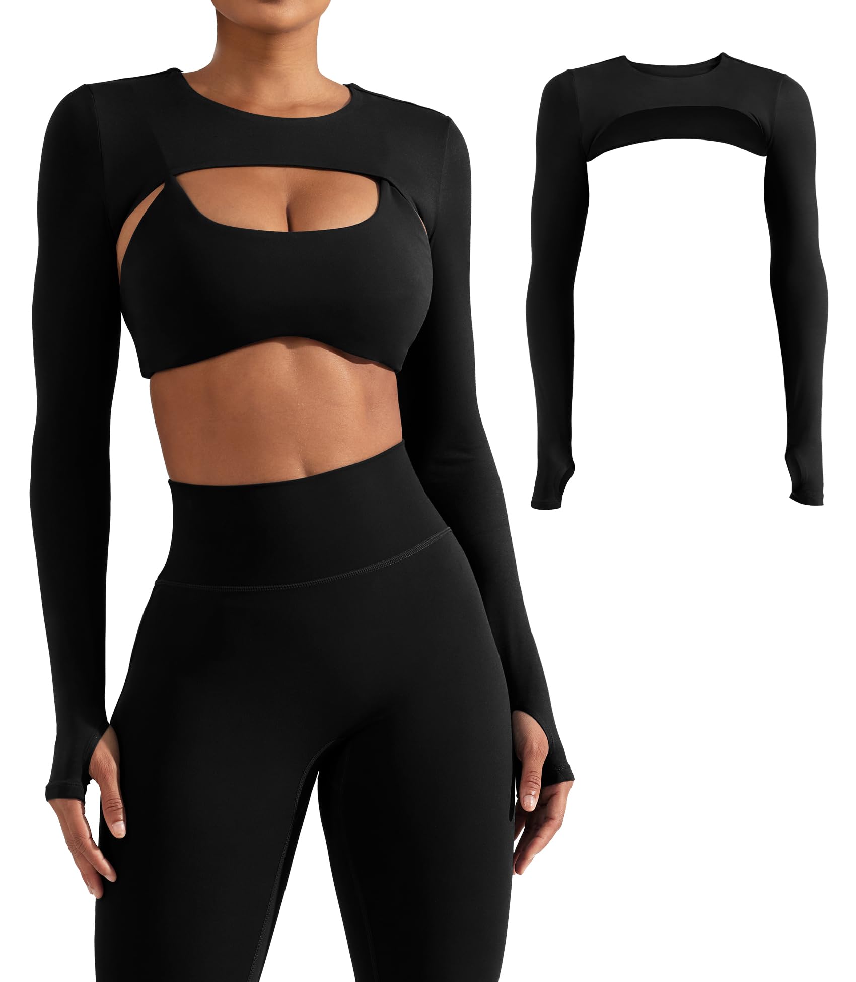 Photo 1 of YEOREO Women Crop Top Long Sleeve Bolero Open Front Workout Cropped Shirts Sports Shrug Without Bra Black L