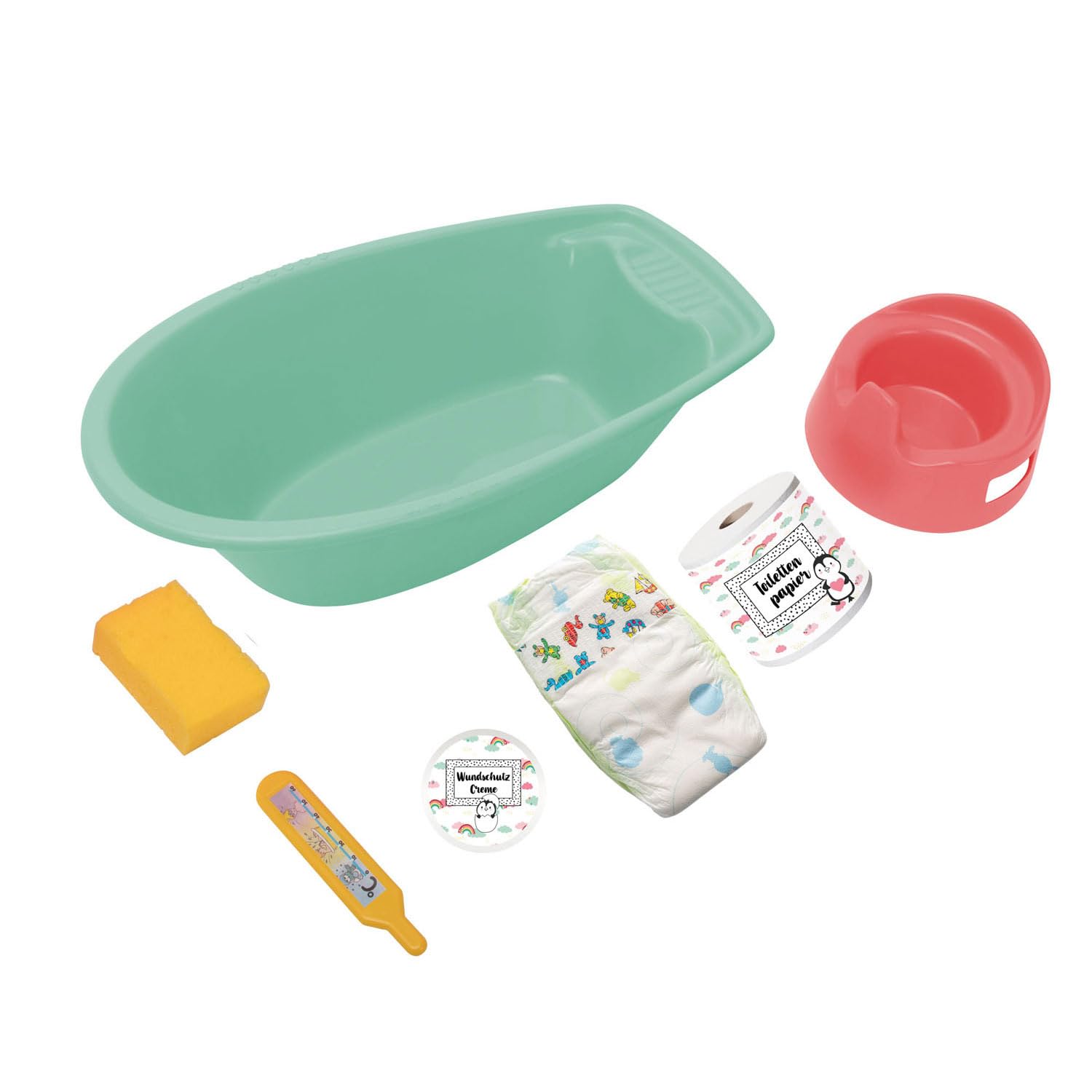 Heless 911 Doll Bath with Many Accessories, 7 Pieces, Mint-Coloured for Happy Bathing Fun and Doll Care