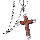 GTMJ Cross Necklace for Men -Stainless Steel & Wood Adjustable Box Chain 24-26in, Spiritual Jewelry Gift for Him, Everyday Wear