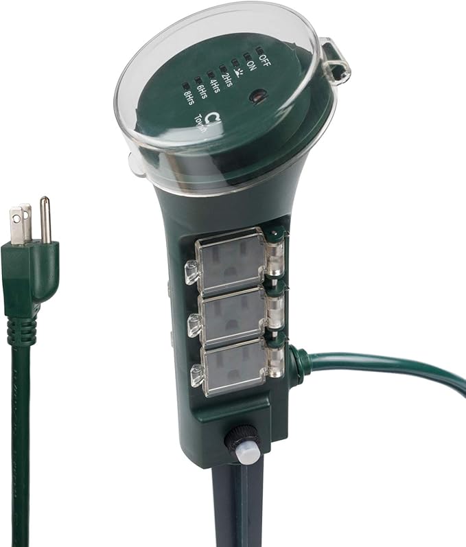 Century Outdoor Multi Socket Timer Yard Stake with Photocell Countdown Timer, 6 Grounded Outlets