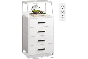 NASHZEN Nightstand 4 Drawer Dresser with Charging Station, Side Table with Fabric Drawers, End Table with Open Shelf, Bedside Table, Tall Dresser for Bedroom, Hallway, Entryway