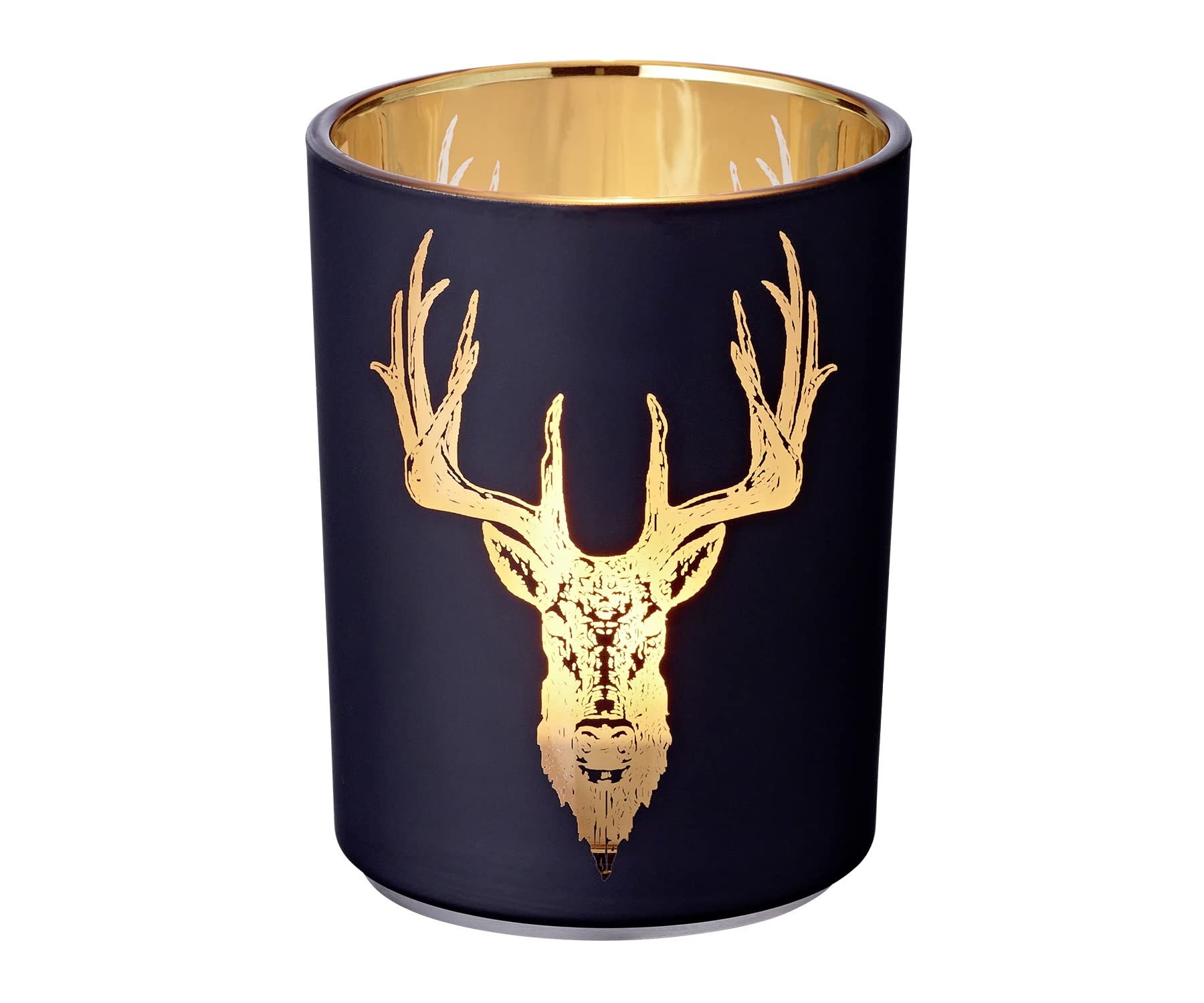 EDZARD Lio Lantern Height 13 cm, Diameter 10 cm, Matte Black Exterior with Gold Deer Motif