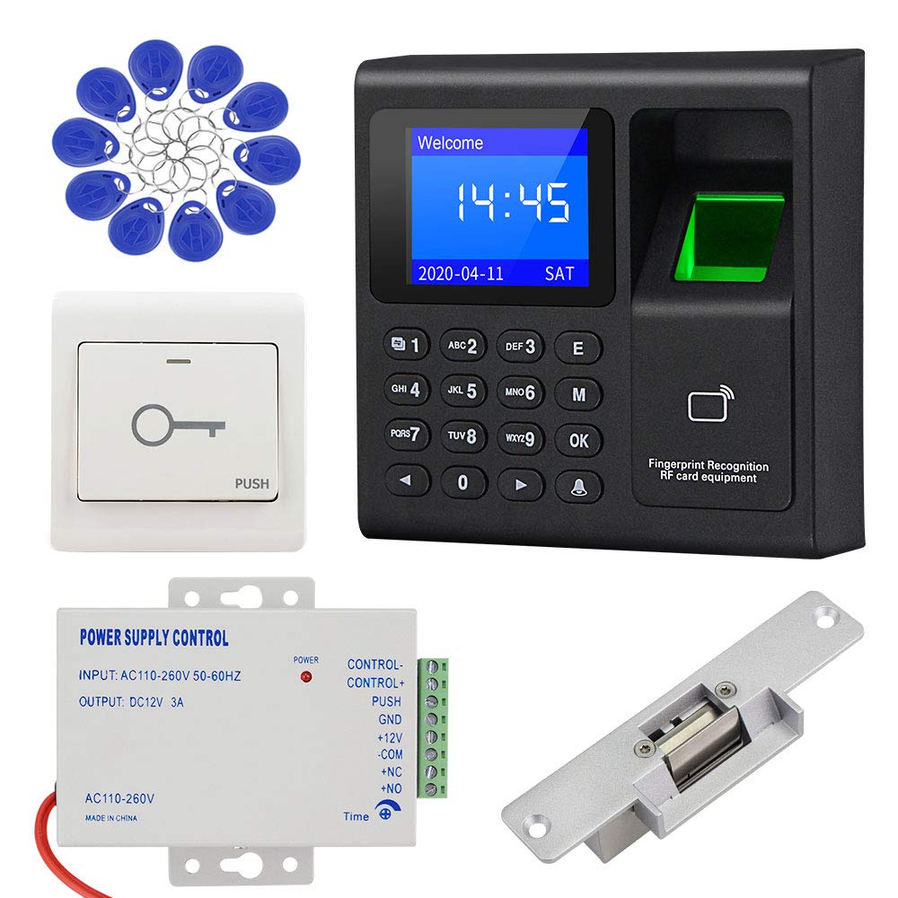 KDL Complete RFID Access Control System Fingerprint Access Controller Keypad, DC12V / 3A Power Supply Transformer, NO Type Electric Strike Lock with Door Switch Button, 125KHz ID Cards Keychains