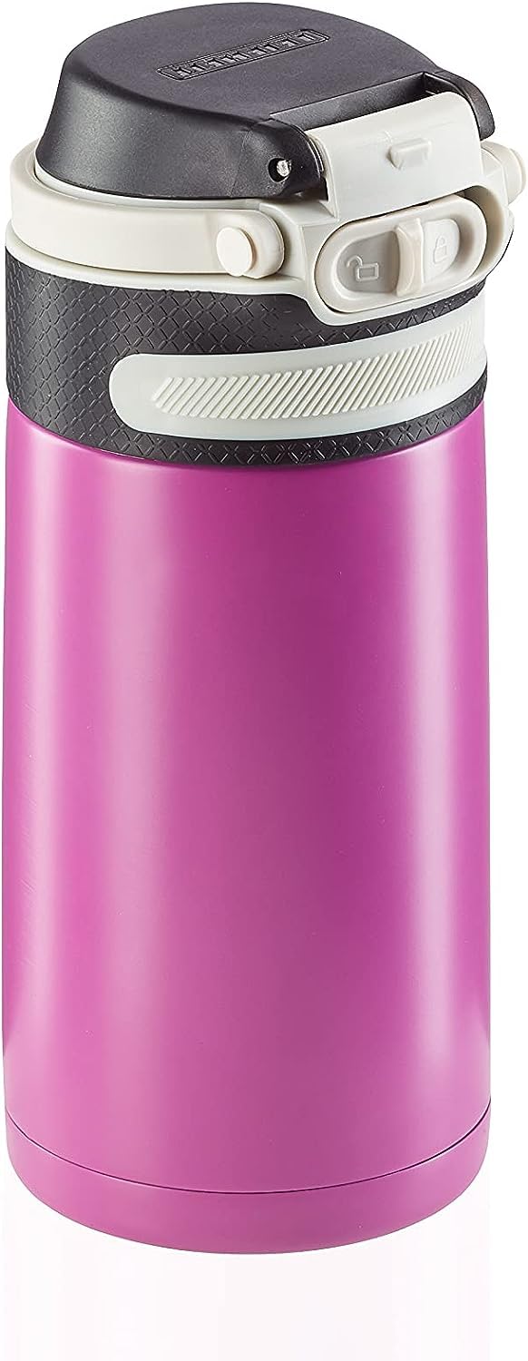 Leifheit Insulating Mug Flip 350ml, coffee mug 100% leak-proof, practical one-hand opening, drinking mug to go with fruit filter, keeps drinks hot for up to 6 hours, Purple