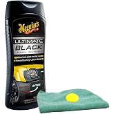 Meguiar's Ultimate Black Plastic Restorer (12 oz) Bundle with Microfiber Cloth &amp; Foam Pad (3 Items)