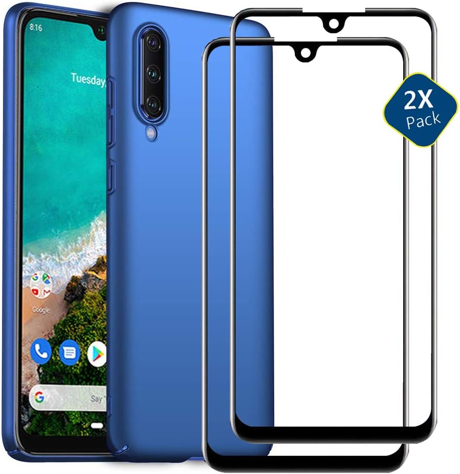 MISKQ Case compatible with Samsung Galaxy A01,+ 2 PACK tempered glass screen protector Anti-fall hard shell trendy protective cover + 9H protective film(blue)