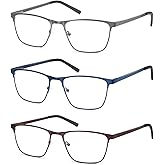 OLOMEE Blue Light Blocking Reading Glasses for Mens Full Metal Square Readers Lightweight Cheaters Reading Glasses 3 Pack