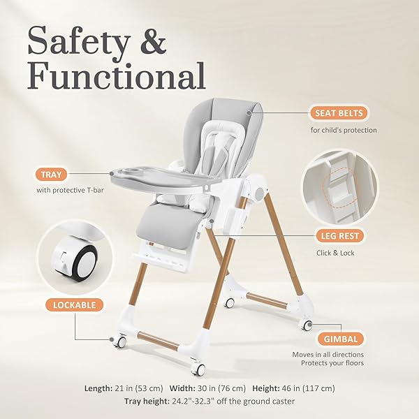 MALLIFY FOLDABLE HIGH CHAIRS FOR BABIES AND TODDLERS, 3-IN-1 CONVERTIBLE BABY HIGH CHAIR WITH REMOVABLE SOFT CUSHION AND TRAY, ADJUSTABLE HEIGHT & RECLINE, LOCKABLE WHEELS, LIGH GRAY
