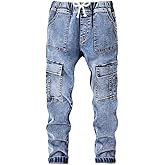 Nivne Tco Tween Boys Skinny Jeans Casual Retro Bow Decorative Rope & Elastic Waist Cargo Denim Pants with Six Pockets